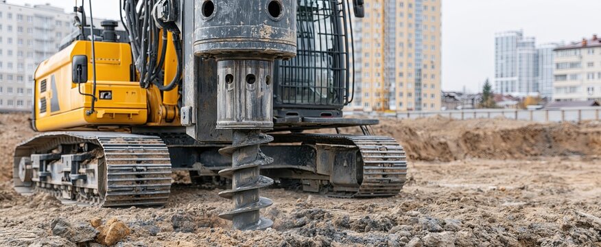 Industrial horizontal boring rig operating at a construction site during urban development.