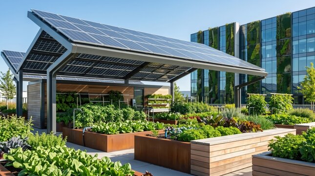 Sustainable urban rooftop garden with raised beds and solar panel canopy structure next to modern green building facade, eco-friendly architecture
