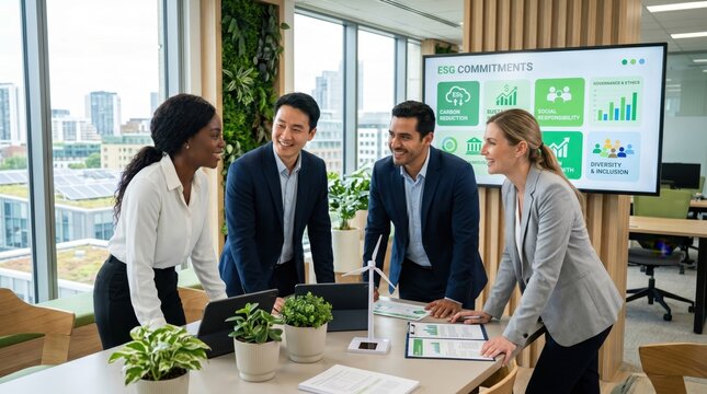 Diverse business team planning ESG strategy around table with wind turbine model and plants, screen showing carbon reduction and diversity commitments in modern office