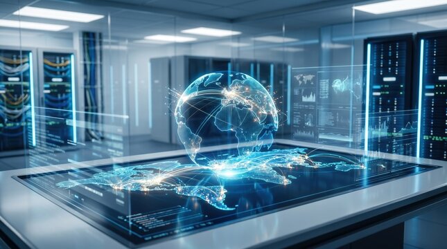 Futuristic server room with holographic globe and world map projection on interactive table, big data network visualization and cybersecurity concept in data center