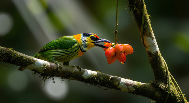 Tropical Gold whiskered Barbet bird eating wild berries on mossy tree branch in rainforest