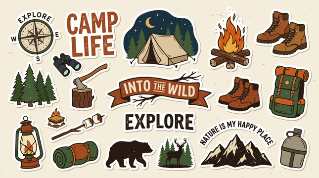 Camping Outdoor Adventure Sticker Element Set Flat Illustration Vector Hand Drawn Forest Nature Hike Doodle Clipart EPS 