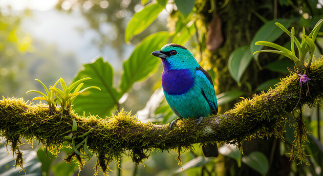 Vibrant Colorful Tropical Bird Perched on Mossy Rainforest Branch in Lush Jungle