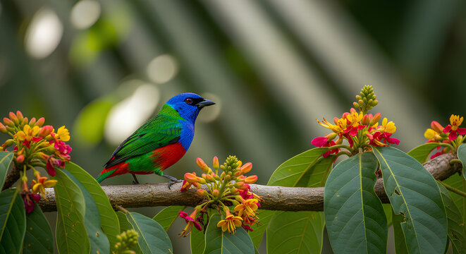 Vibrant Multicolored Tanager Bird Perched on a Flowering Tropical Branch in the Rainforest