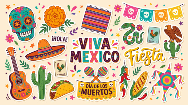 Mexican Fiesta Dia De Los Muertos Sticker Element Set Flat Illustration Vector Hand Drawn Colorful Folklore Doodle Clipart EPS
