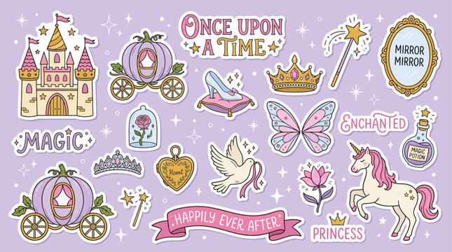 Fairytale Princess Magic Sticker Element Set Flat Illustration Vector Hand Drawn Castle Fantasy Cute Doodle Clipart EPS 