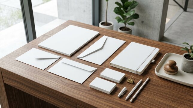Clean stationary set blank paper envelopes and notebook on wooden desk