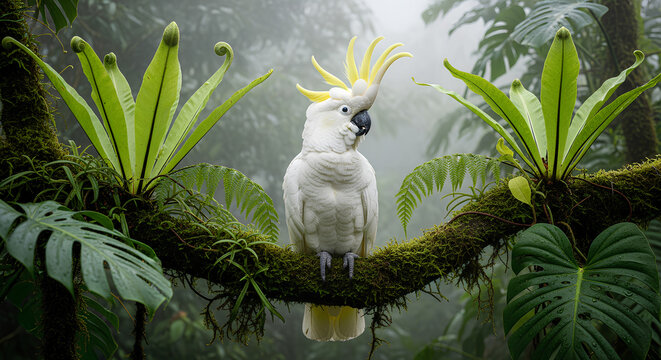 White cockatoo with yellow crest perched on mossy jungle branch in tropical mist