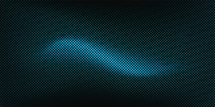 Blue and black abstract halftone dot vignette background. Neon wavy gradient pop art texture on dark backdrop for modern graphic design, gaming banner, and creative tech wallpaper