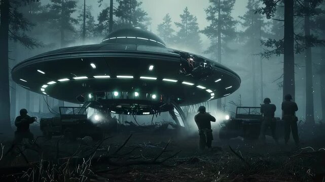 Soldier unit investigates crashed ufo in dark forest. Armed man approaching space ship in woods. Military encounter with alien spacecraft, paranormal science fiction.