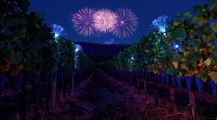 Obraz premium Vineyard at night with grape harvest ripe for picking. Colorful fireworks burst above rows illuminated by decorative lights. Festive celebration in rural landscape.