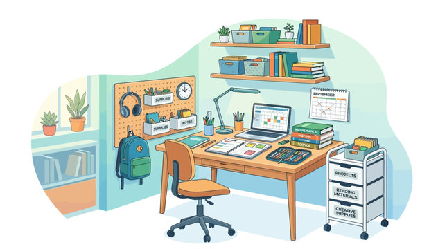 Organized student workspace vector illustration with desk and laptop