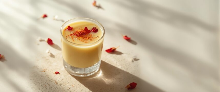 Saffron drink with rose petals in a glass on a table