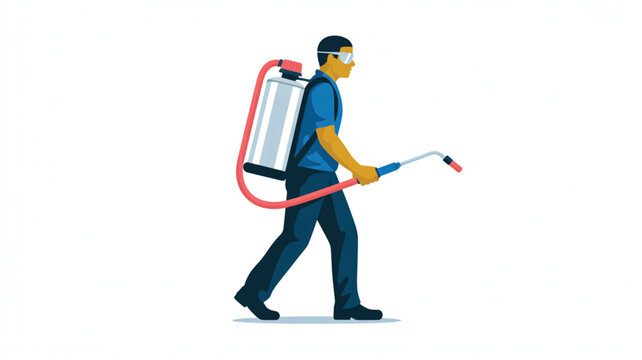 Worker in blue uniform wearing protective glasses carrying a silver backpack sprayer for pest control or sanitation services.