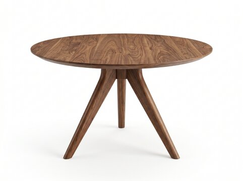 Round walnut wood dining table with three legs isolated on white background
