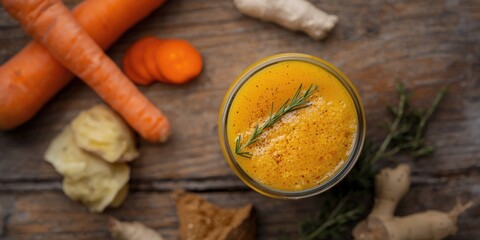 Fototapeta premium Wholesome vegetarian detox beverage with fresh carrot ginger turmeric on natural plank surface