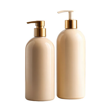 Beige matte pump bottle dispenser set for shampoo and conditioner mockup