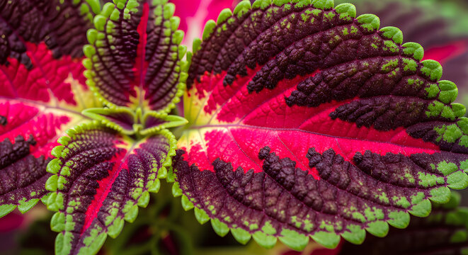 Vibrant Coleus Plant Leaves with Pink Purple and Green Macro Photography