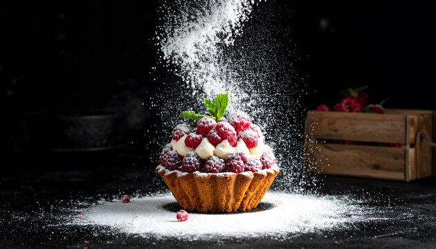 Sugar powder explosion over dessert creating dramatic motion sweet indulgent bakery food art scene