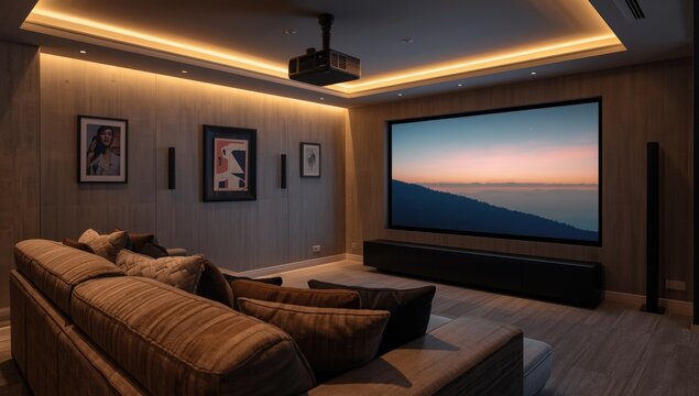 Sophisticated sitting room with state of the art video projector and cushy sofa