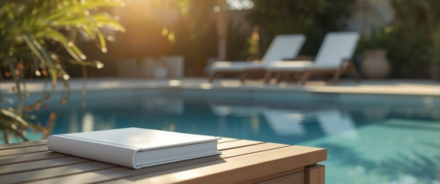 Summer poolside setup featuring a blank book mockup design on a sunlit table