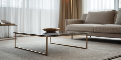 Fototapeta premium Stylish modern flat living room with minimalist coffee table and comfortable sofa beside bright window