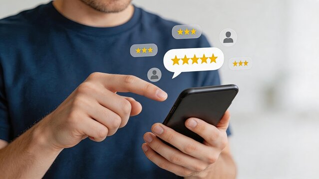 Man giving five star review rating on smartphone screen with floating feedback icons representing customer satisfaction and online reputation management for digital marketing