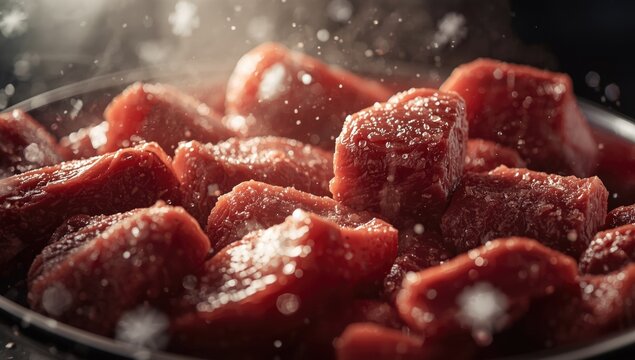 Chunks of raw beef with ice particles on surface