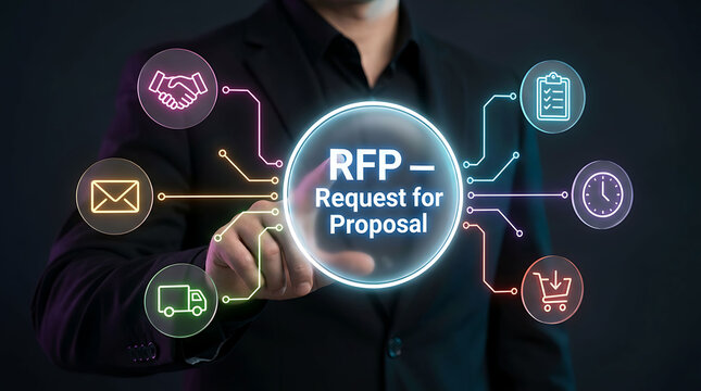 Businessman pointing at RFP Request for Proposal circular virtual interface button