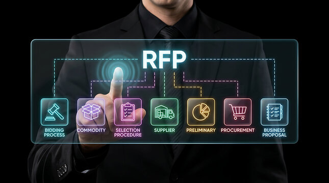 Businessman pointing at RFP Request For Proposal neon virtual screen button