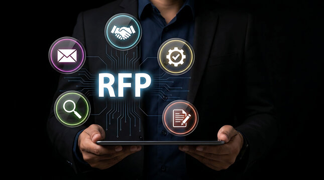 Businessman holding digital tablet with RFP Request For Proposal virtual interface