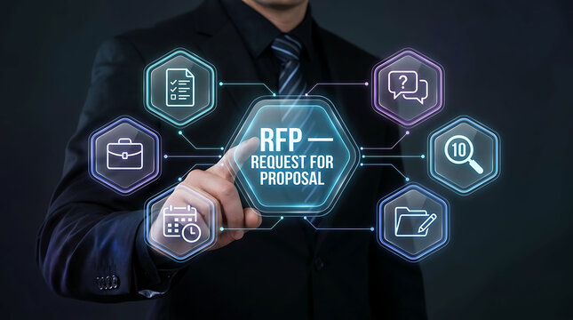 Businessman pointing at RFP Request For Proposal hexagonal virtual button