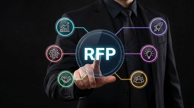 Businessman pointing at RFP Request For Proposal virtual screen network dashboard