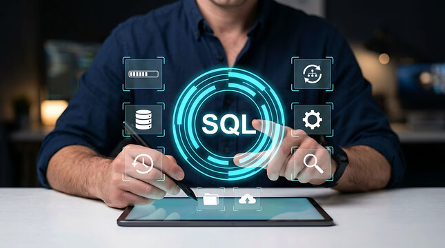 Developer using digital tablet pen with SQL database virtual HUD interface