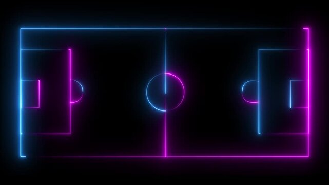 Animation of neon sports stadium isolated on black background with neon lights match football isometric field animation,