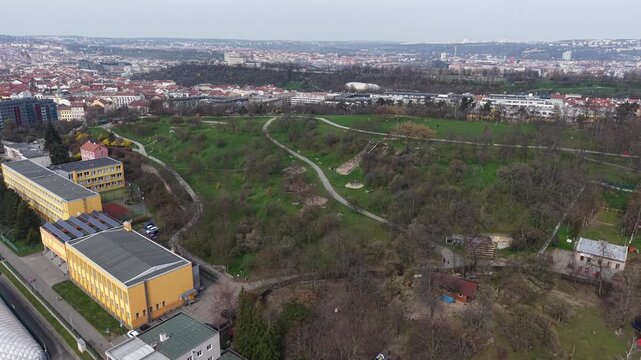Drone Shot of Vitkov Hill Between Karlin and Zizkov Residential Neighborhoods in Prague, Czech Republic