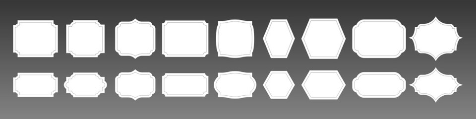 Fototapeta premium Set of white decorative label frames with vintage geometric shapes on transparent background, ideal for packaging, stickers, invitations and branding