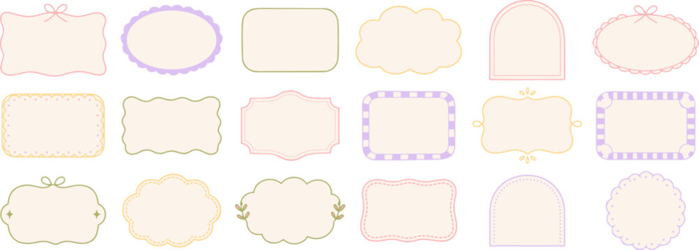 Set of pastel hand drawn label frames with bows, scalloped borders and cute decorative shapes, ideal for stickers, stationery, cards and packaging