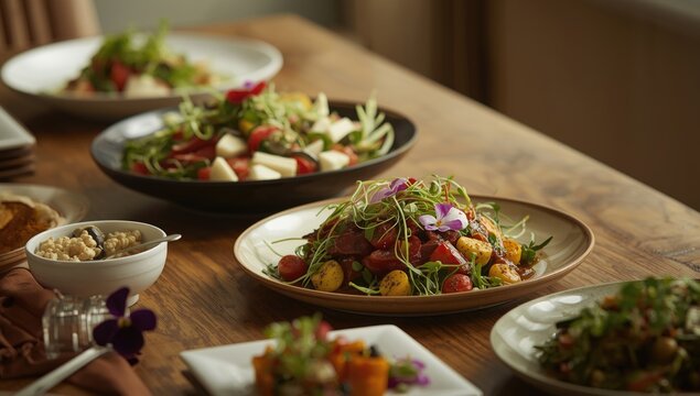 Vegetarian buffet with a spread of cold starters and fresh mixed vegetable salads