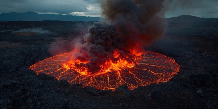 smoldering hot lava discharge from recent volcanic explosion