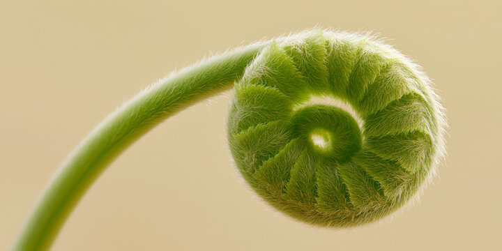 Macro close-up of a green fern fiddlehead unfurling against a soft beige background