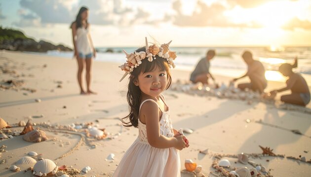 Young girl wearing flower crown beside ocean shoreline