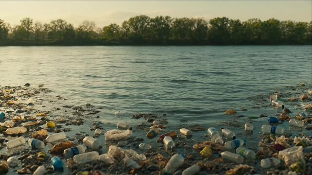 Cinematic plastic water pollution background with discarded bottle dirty river shore, tranquil nature scene contrasts with litter waste along pebble beach warm sunset light, calm surface reflection