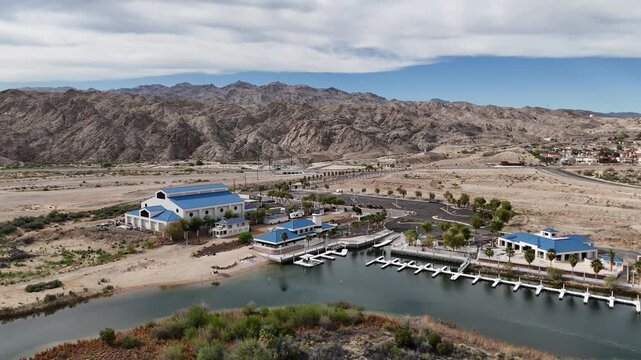 Drone Shot of Lighthouse and Marina in Big Bend of Colorado River by Laughlin, Nevada USA