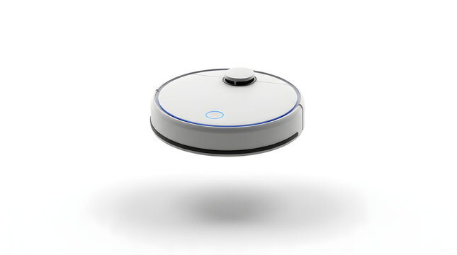 Robot Penyedot Debu Pintar Putih dengan Lampu Indikator Biru Latar Belakang Putih Minimalis