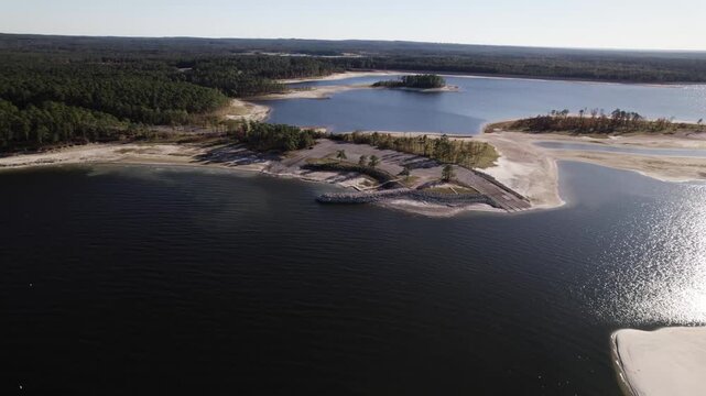 Aerial view of boat ramp at twin dikes park on Sam Rayburn Reservoir