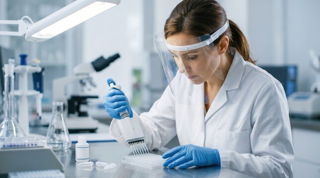 Female scientist in white coat and protective face shield using multichannel pipette to transfer liquid into microplate for research