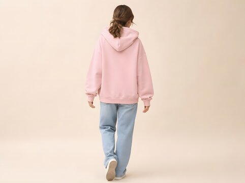 Back View of Woman Wearing Soft Pink Hoodie Mockup on Beige Studio Background