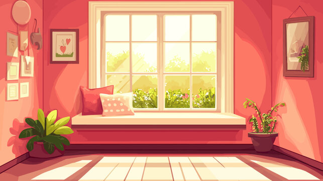 Cozy pink room bathed in sunlight with a bay window, bright cushions and plants