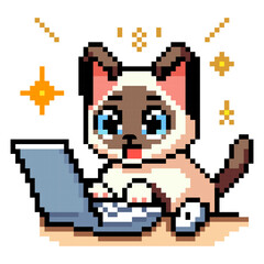 Obraz premium A cat is sitting at a laptop, focusing on the keyboard. The cat appears to be busy typing. This scene is colorful and designed in pixel art style, showing a playful moment